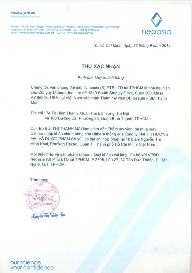 Xác nhận chuyển giao chính hãng công nghệ Ultherapy